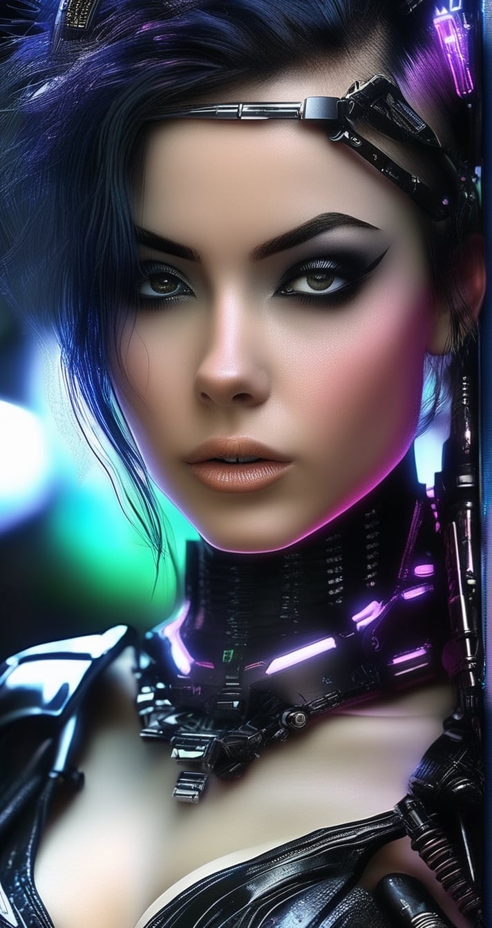 hyperrealistic art {Hyper realistic Cybernetic goth female with a ((flat chest))} . extremely high-resolution details, photographic, realism pushed to extreme, fine texture, incredibly lifelike