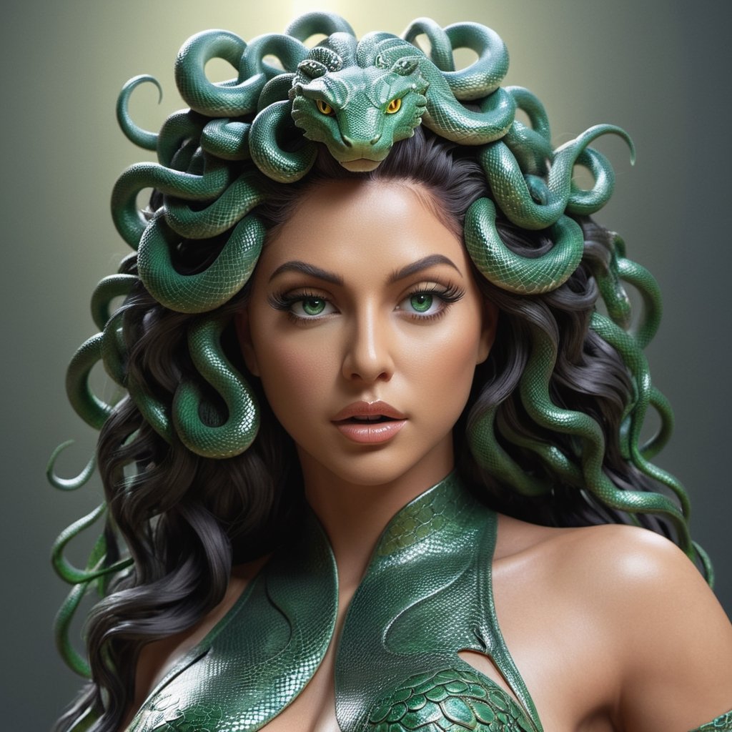 ((best quality)), ((masterpiece)), ((realistic)), Medusa, full body, the hair is made up of countless small snakes, green eyes, female face, metal carved top, real aura, trend on artstation, sharp focus, studio photo, intricate detail, very detailed, detailed eye, illustration, very detailed, sharp focus, digital rendering, professional, 4k