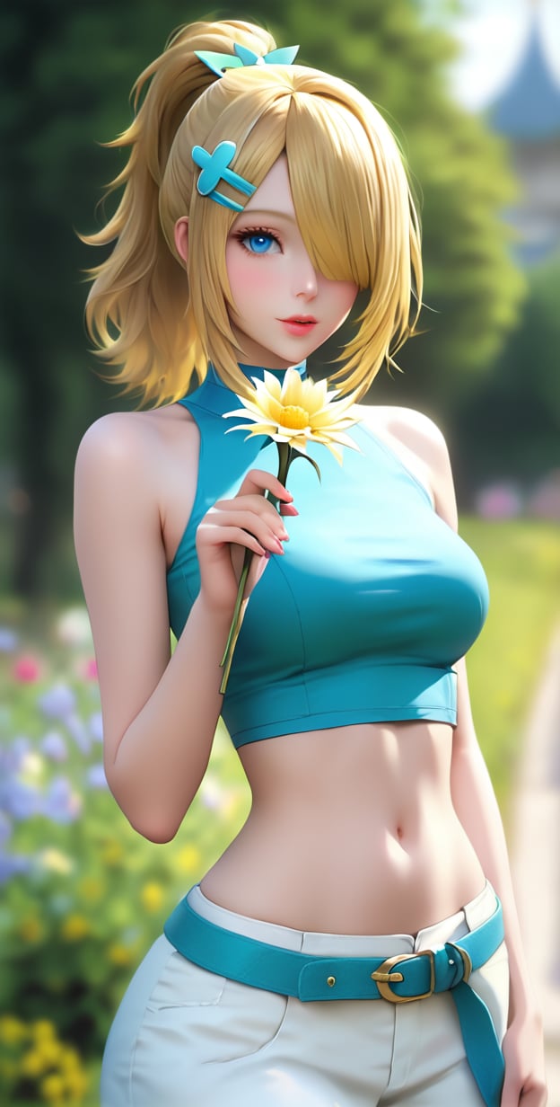 1girl, solo, (((breasts, blue eyes, blonde hair, hair ornament, navel, holding, bare shoulders, ponytail, flower, outdoors, hairclip, midriff, belt, hair over one eye, blurry, lips, crop top, blurry background, holding flower)))