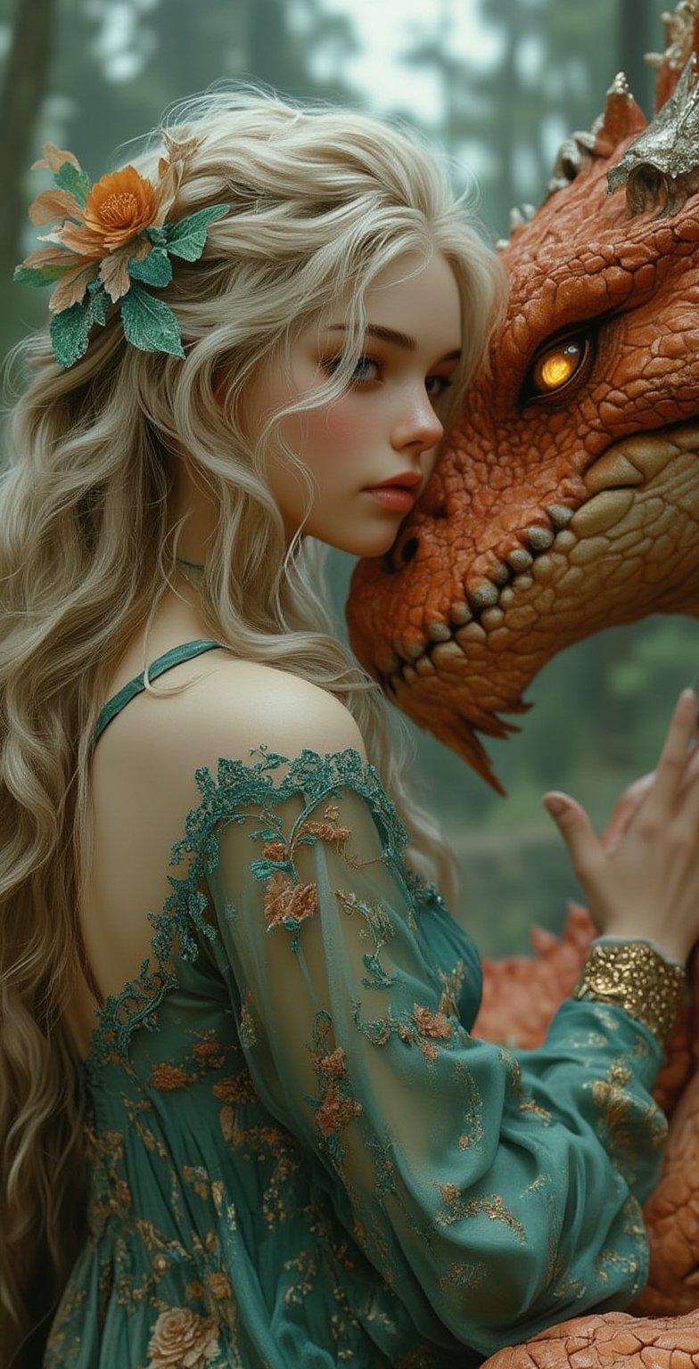 A close-up fantasy photograph captures an intimate moment between a woman and a dragon in a mystical forest setting. The woman, shown in profile view from the left, has long, wavy platinum blonde hair cascading down her back and shoulders ,adorned with a emerald green floral bow, wearing dressed in a semi-transparent, long-sleeved dress in a soft cyan hue with delicate lace trim around the cuffs and subtle vertical pleats along the sleeves, elaborate gold, silver, embroidery creating a flowing, ethereal effect ,Her hand is gently touch the dragon's face, The dragon, positioned on the right, has a highly detailed scaly texture with varying shades of crimson and dark peach. Its head is tilted towards the woman gently touch her forehead, with its eyes glowing amber yellow, creating a mystical connection. The dragon's face is stern and fierce, with prominent scales and a rugged texture ,The background consists of a blurred, ethereal forest with soft, dappled light filtering through the trees, creating a dreamy, otherworldly atmosphere. The lighting is soft and diffused, emphasizing the intimate moment between the woman and the dragon while casting gentle shadows. The overall color palette includes dark peach, pale blonde, emerald green, amber yellow, and charcoal gray, contributing to the enchanting and mystical mood of the scene. The composition focuses on the interaction between the characters, creating a powerful and magical connection that draws the viewer's attention to their shared sad moment,  illustr3alFlux,ILLUSTRANIME,REALNIME