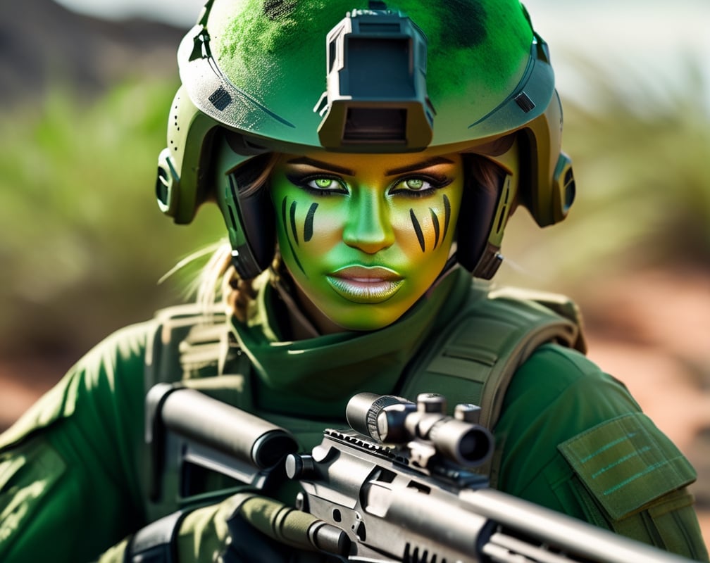 close up, Petty officer war girl wearing green war paint with weapon drawn, moving through the bush in an alien planet. High resolution close up