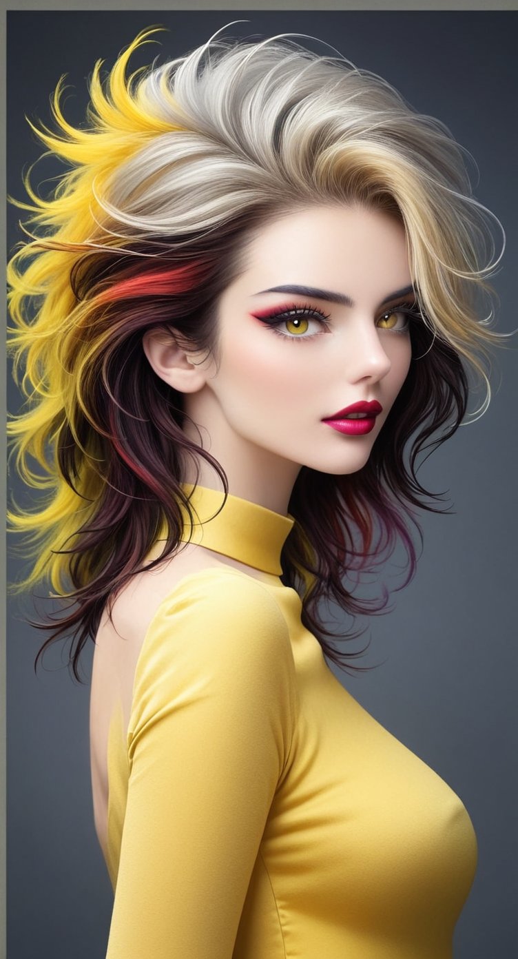 girl sexy, with silver short hair, messy hair, red lipstic, full lips, alluring, portrait by Charles Miano, pastel drawing, illustrative art, soft lighting, detailed, more Flowing rhythm, elegant, low contrast, add soft blur with thin line, yellow clothes
