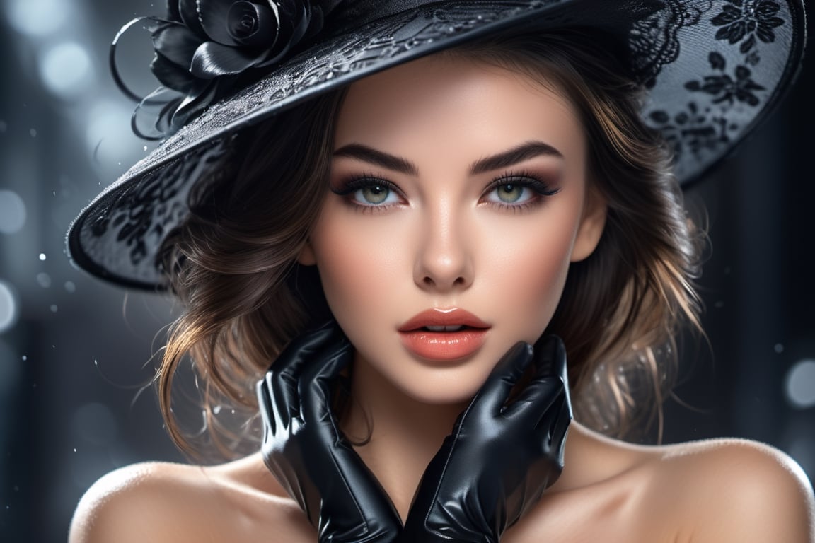 Beautiful brunette, black hat, wearing black lace gloves, Romantic makeup, black and white speedpaint with large strokes and splashes of paint. add shadows and reflections, highly detailed, vibrant, production cinematic character render, hyper-realistic high-quality model, HDR, 3d, 8K, ultra high quality. Digital Art by AlPacifista, Miki Asai Macro photography, close-up, hyper detailed, trending on artstation, sharp focus, studio photo, intricate details, highly detailed, by greg rutkowski
,SDXL