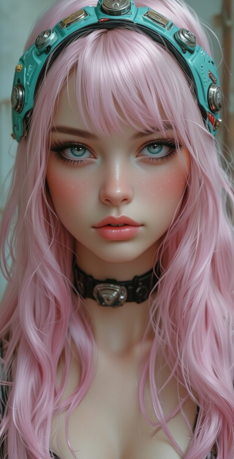 a close-up shot of a woman with long, light pink hair is adorned with a pair of goggles on her head. Her eyes are blue, and her lips are painted a pale pink. Her hair is cascading over her shoulders, framing her face. She is wearing a black and teal necklace around her neck, adding a touch of contrast to her outfit. The background is blurred, creating a stark contrast to the woman's outfit.,illustr3alFlux,ILLUSTRANIME,REALNIME