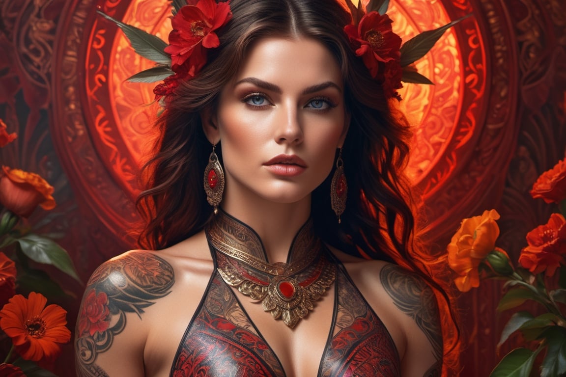 "beautiful muscular warrior Queen ready for sexual conquest \". Minimal Clothing. hyperdetailed tribal tattoos Maximalist portrait , Maximalist flower Background by Mucha, hyperdetailed incredible composition, amazing depth, imposing, meticulously composed, 16k resolution \"Hyperrealistic, splash art , concept art , mid shot, intricately detailed, color depth, dramatic, 2/3 face angle, side light, subdued background. \"Epic cinematic hyper-realistic brilliant stunning intricate meticulously detailed dramatic Red atmospheric maximalist digital matte painting, Photographed by Holly Randell. full- body detailed portrait of a young beautiful woman :: minimal clothing :: without clothing
