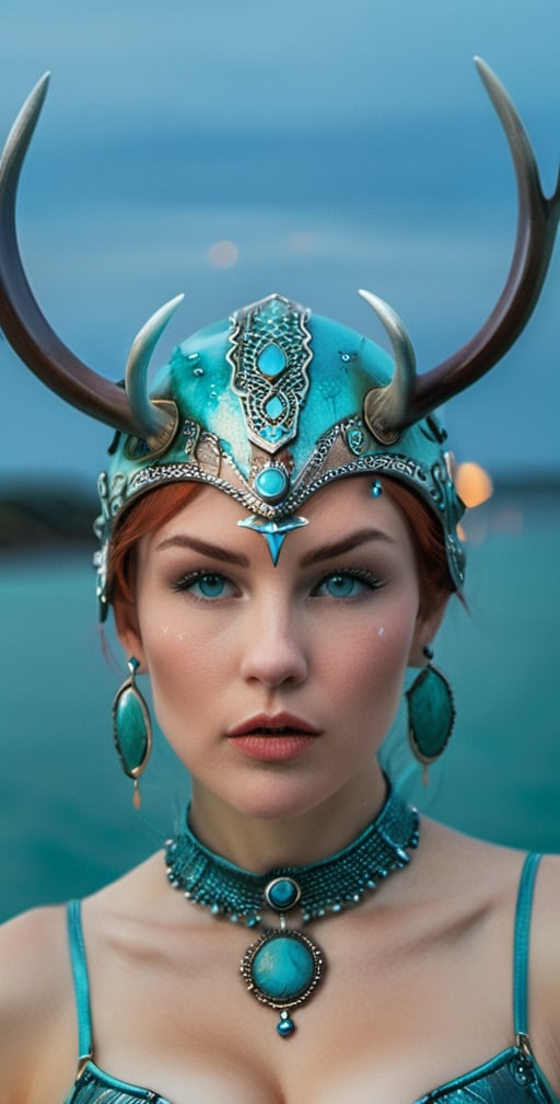 (model woman )), ((solo)), ((mature woman,  big breasts)), (face focus:1.8), short hair, pixie cut, ((red hair with turquoise highlights)), ((gradient hair)), green eyes, full lips, (detailed ornate turquoise helmet, deer antlers), ((wearing sheer turquoise gown)), (large angel wings), archangel, angel, (close-up portrait, headshot), confident, smirk, ornate embellished clothing, turquoise aura, blue lightning, water mage, crescent moon, dutch angle, at night, stars, turquoise water, blue water, ocean, photo, realistic, photorealistic, hyperdetailed, nice hands, perfect hands, beautiful detailed eyes, realistic, 3d face, lustrous skin,
