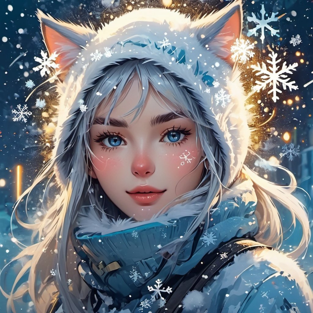 abstract background anime cat face light colors snowflakes and sparks letters graffiti winter elf girl