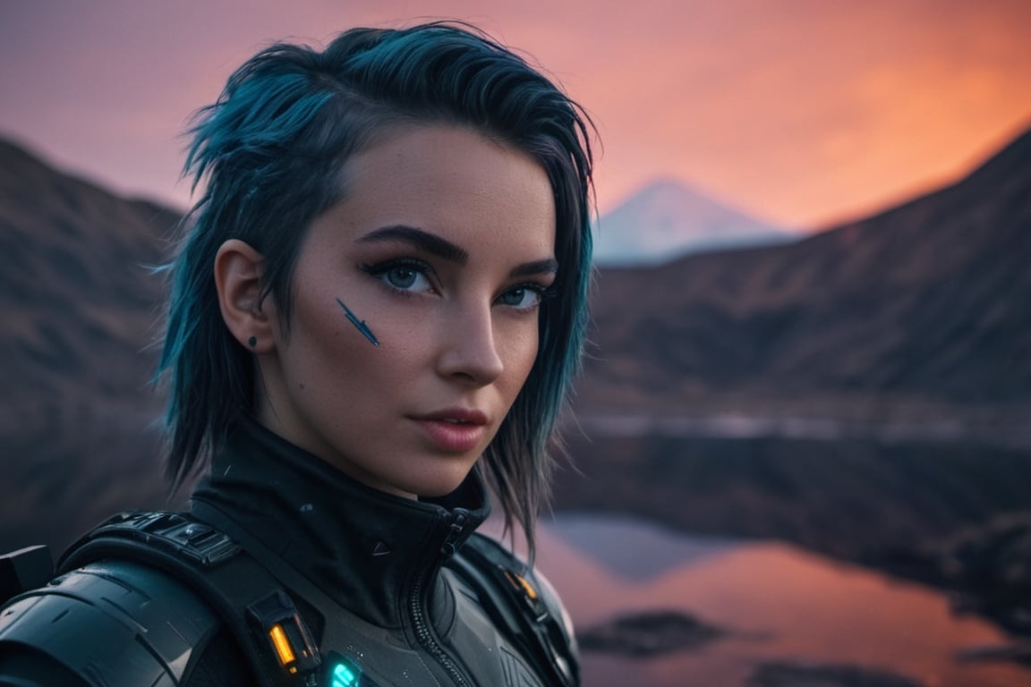 portrait+ style, cyberpunk girl in a lake on an abandoned volcanic planet, cinematic trailer, imax, 8k, high resolution