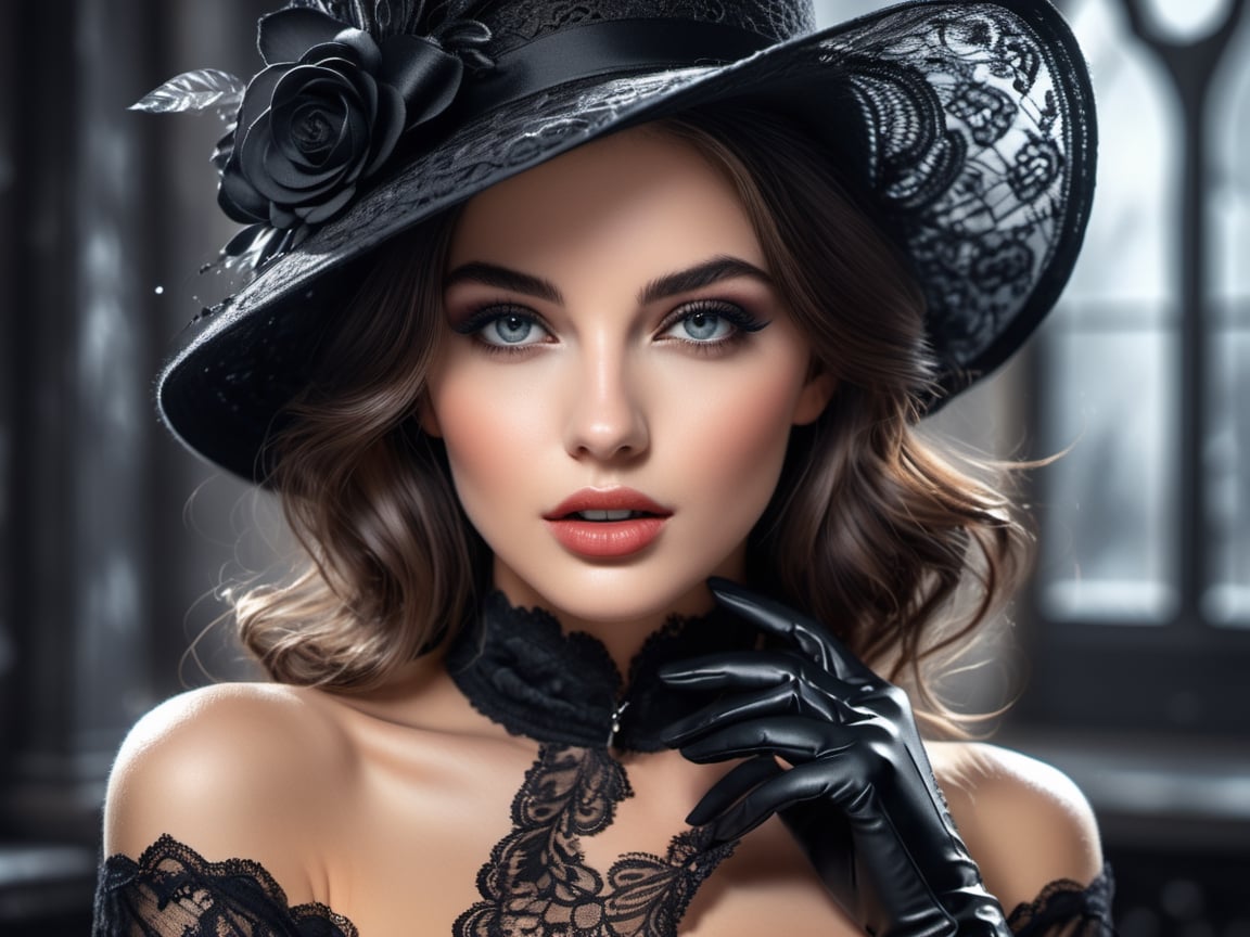 Beautiful brunette, black hat, wearing black lace gloves, Romantic makeup, black and white speedpaint with large strokes and splashes of paint. add shadows and reflections, highly detailed, vibrant, production cinematic character render, hyper-realistic high-quality model, HDR, 3d, 8K, ultra high quality. Digital Art by AlPacifista
