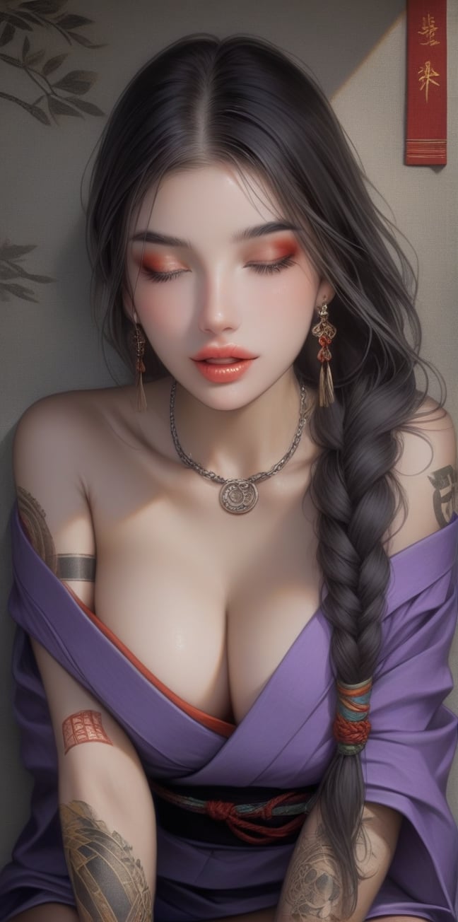 1girl, solo, long hair, breasts, large breasts, black hair, cleavage, jewelry, sitting, closed eyes, braid, earrings, parted lips, japanese clothes, kimono, necklace, off shoulder, lips, single braid, tattoo, makeup, hair over shoulder, arm tattoo,dal-1