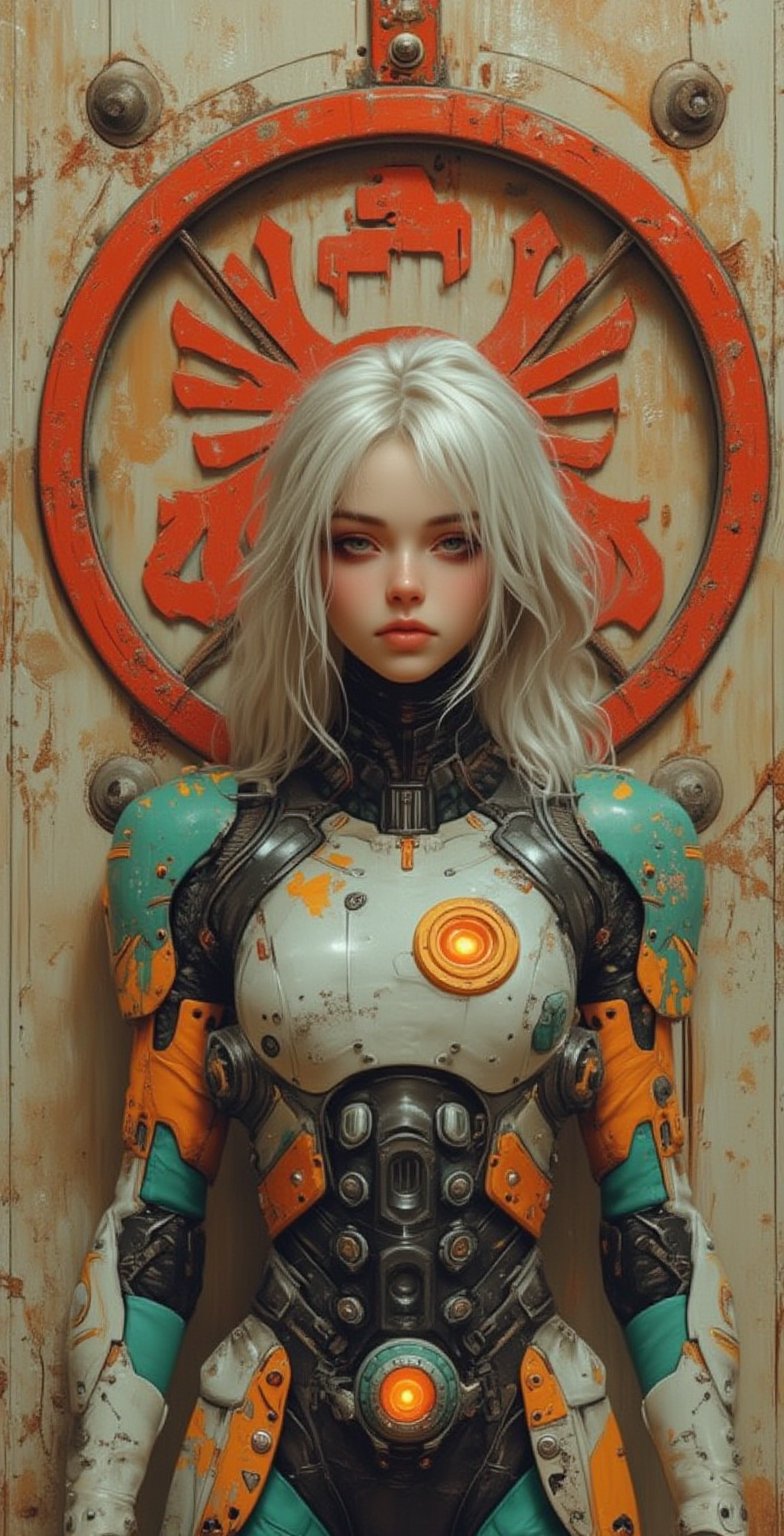 A realistic digital artwork depicts a cybernetic woman character .she has long platinum hair, framing her face and blending with the mechanical elements. The character wears a vibrant white and neon orange glow cybernetic armor suit with intricate mechanical components,The armor covers her upper body, featuring a mix of mechanical elements.Attached to her back are teal mechanical wings with intricate designs, control panels, Her head is fitted with a matching helmet that has a large circular neon orange glow sensor or visor on the side, integrated communication devices,Black wires and cables extend from the helmet, connecting to various parts of the armor, Her expression is serene and contemplative, suggesting a state of rest or meditation. The character's pose is relaxed, standing against a worn wall painted in burnt orange and cream colors, The background features symbol on a beige wall with circuit-like patterns, rust marks, scratches, and dark spots, adding to the industrial aesthetic. The lighting is soft and diffused, creating gentle shadows and highlights that enhance the textures of the metallic surfaces. The color palette consists of red, white, gray, orange, and rust red,neon orange, with high saturation and moderate contrast, contributing to the cyberpunk aesthetic and creating a balanced, harmonious visual effect, illustr3alFlux,ILLUSTRANIME,REALNIME