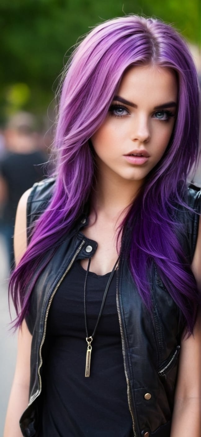 Disgruntled girl purple hair street girly clothes simple face, Strong and vibrant colors k