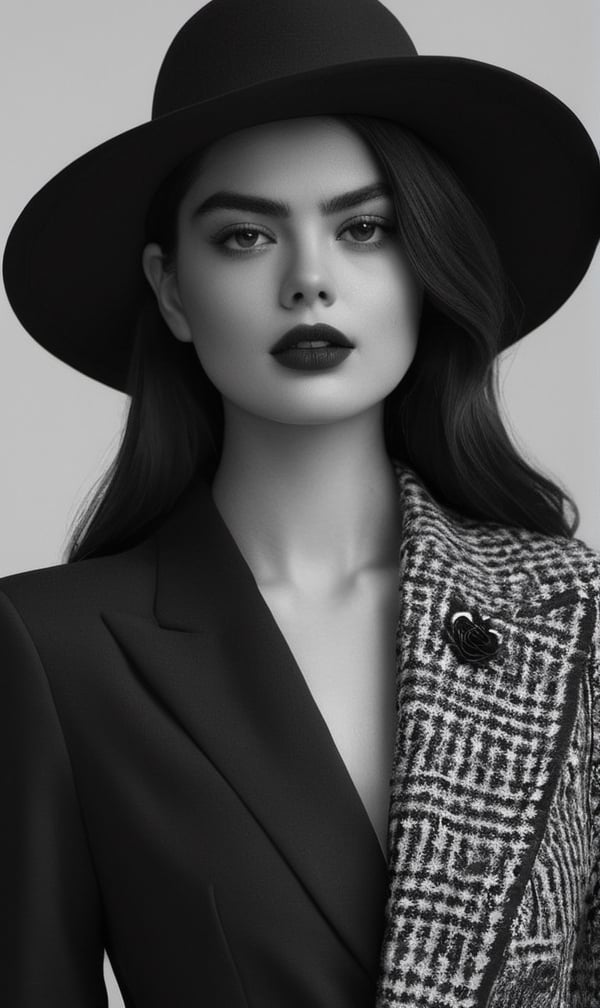 a black and white photo of a woman wearing a hat, a black and white photo, by Hedi Xandt, featured on cg society, gothic art, samara weaving vampire, clothes made out of flower, infp young woman, faint smile dark lipstick, in the glamour style, editorial image, young middle eastern woman, yael shelbia, dating app icon
