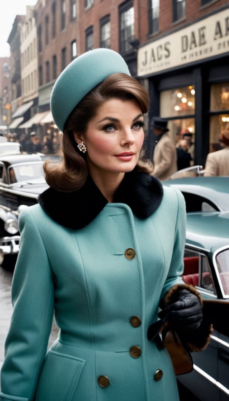 A detailed 60's era image of a perfect medium-busted woman wearing a stylish Jackie Kennedy-inspired pillbox hat, gloves and an A-line coat, walking down a bustling city street with classic cars and antique shop windows, Taken with a mirrorless camera using a standard lens.