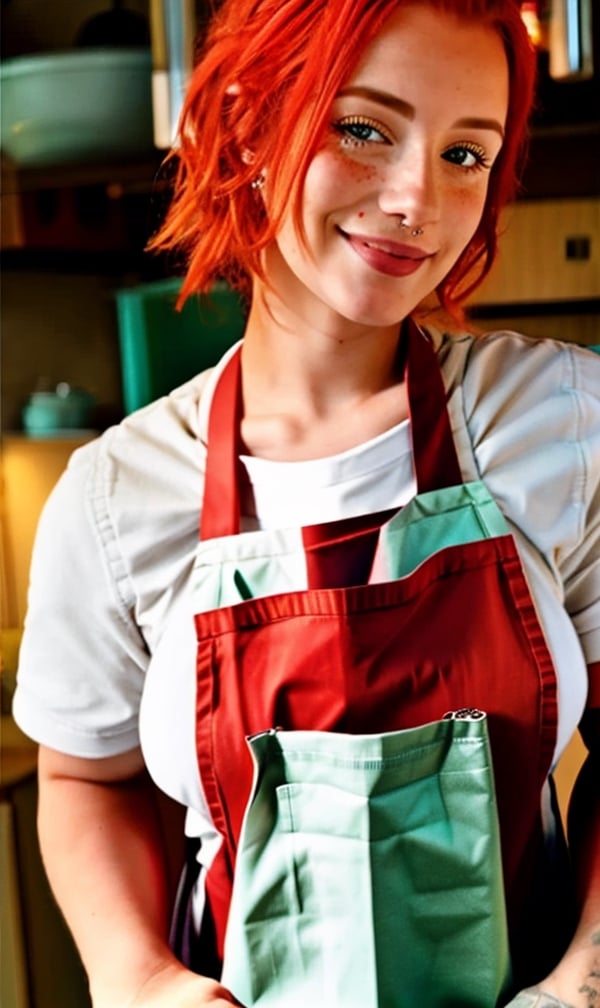 woman, medium breast, red medium messy hair, soft freckled, tattooed, ((wearing only a apron))
