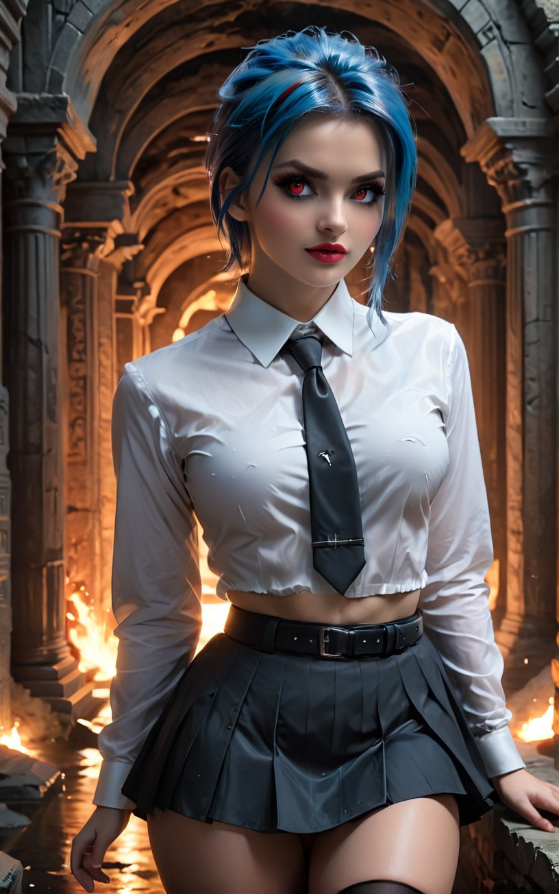 A very sharp 4K image with a Gothic, Lovecraftian, Dirty Realism and Minimalism style with cave influences. sexy woman with electric blue hair in a Mohawk cut and glowing red eyes, is in a sensual pose inside a macabre ancient temple inside a cave. She is wearing a girls' school outfit consisting of a white shirt with a collar and long sleeves, a black skirt with white details, black stockings and black low-heeled shoes. The style is innocent and conservative, but with a touch of perversion in the way it is worn. Accessories such as a black tie, black belt and black low-heeled shoes complete the look. Her hair is modern, daring and relaxed, highlighting the character's strong and independent personality. Her eyes have a sinister light running through them, with a mouth open in a depraved smile, showing sharp white teeth. Gently arched eyebrows enhance the expression of perversion Soft, shadowy lighting effects create a sensual and mysterious atmosphere, while rough, detailed textures on the structures and costume add realism to the image.  Gothic, Lovecraftian, Dirty Realism and Minimalism art with cave influences. She takes on a sensual_pose as she interacts, boldly leaning on a structure, leaning back in an exciting way))))) | ((perfect anatomy, perfect body, perfect_pose)), ((sensual_pose):1.3), ((full-body_shot)), ((perfect fingers, better hands, perfect hands, perfect legs, perfect feet)), (((huge_breasts, firm_breasts, perfect_breasts)), ((perfect design)), ((correct errors):1.2), ((perfect composition)), ((very detailed scene, very detailed background, correct imperfections, perfect layout):1.2), ((More Detail, Enhance))
