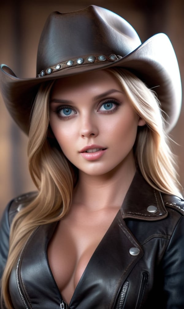 A full body portrait of a stunning white female cowgirl beauty, ultra realistic, beautiful detailed face, cowboy hat, leather jacket, beautiful big eyes, 8k, highest resolution, photo realistic, sharp focus

