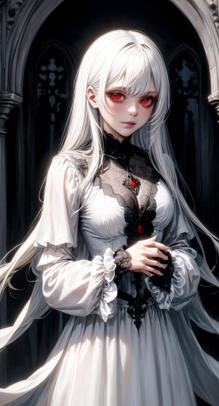 (Hand holding mask：1.5), (White-haired ghost, straight hair, Red eyes), (gothic art), (Fear：1.5), (correct human anatomy：1.37）