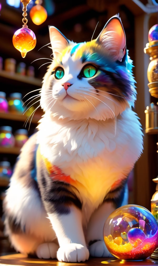 Colourful Cute curvaceous neko fantasy alchemy vendor inside a magical item shop vivid colour god rays ray tracing glowing light iridescent intricate highres highly detailed, dripping paint