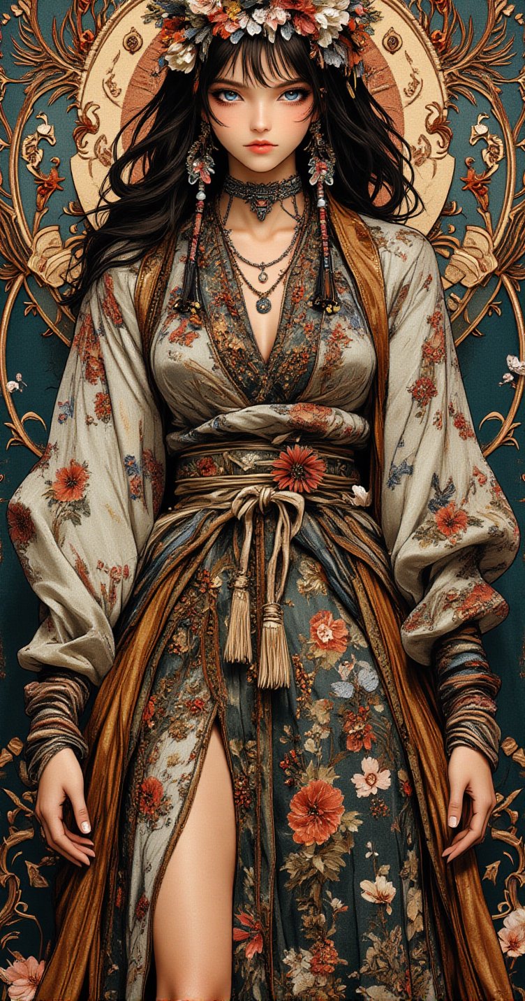 masterpiece,best quality,ultra-detailed,ultra high res,by cgart_firefly,1girl\(portrait, bohemian style, flowing dresses, layered clothing, earthy colors, fringe accessories, ethnic prints, natural fabrics\),(butterfly), artistic designs,cinematic,