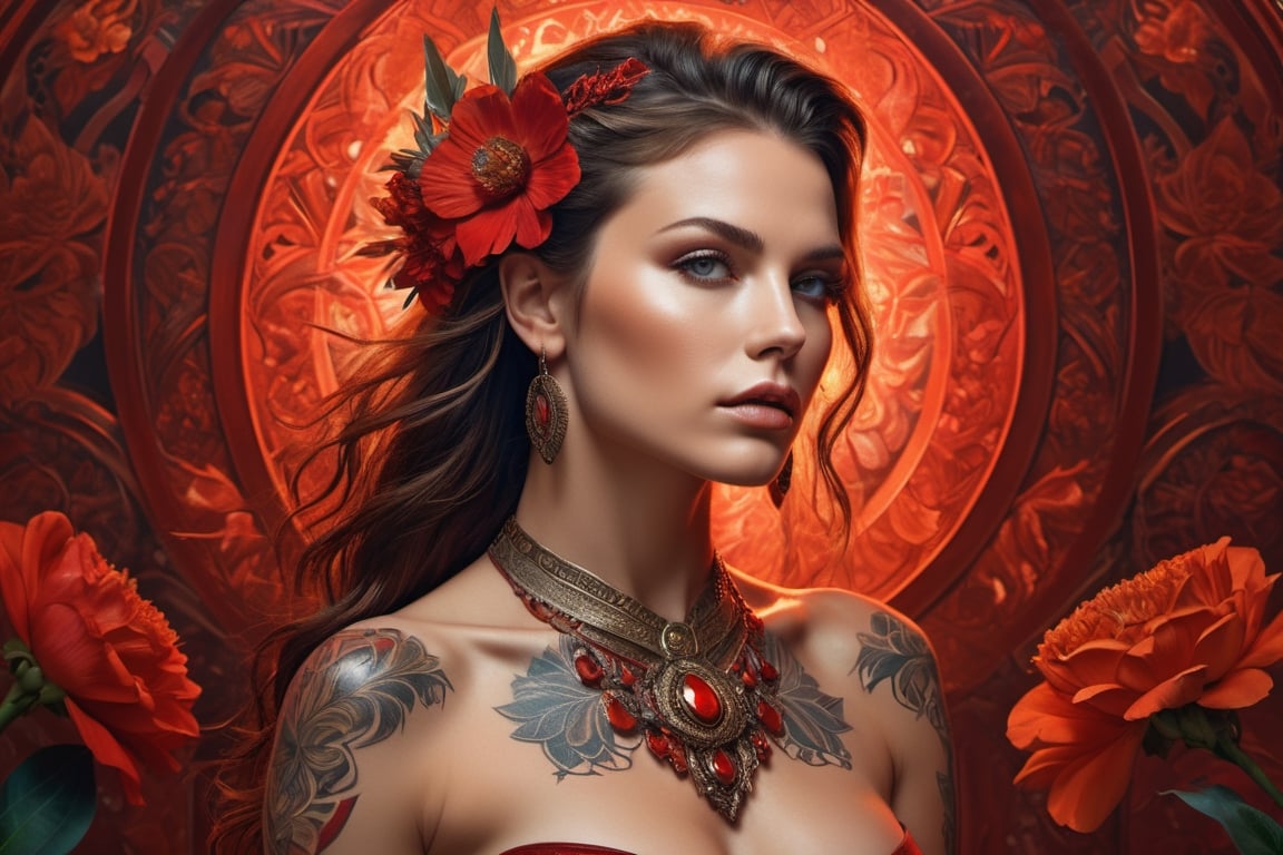 "beautiful muscular warrior Queen ready for sexual conquest \". Minimal Clothing. hyperdetailed tribal tattoos Maximalist portrait , Maximalist flower Background by Mucha, hyperdetailed incredible composition, amazing depth, imposing, meticulously composed, 16k resolution \"Hyperrealistic, splash art , concept art , mid shot, intricately detailed, color depth, dramatic, 2/3 face angle, side light, subdued background. \"Epic cinematic hyper-realistic brilliant stunning intricate meticulously detailed dramatic Red atmospheric maximalist digital matte painting, Photographed by Holly Randell. full- body detailed portrait of a young beautiful woman :: minimal clothing :: without clothing
