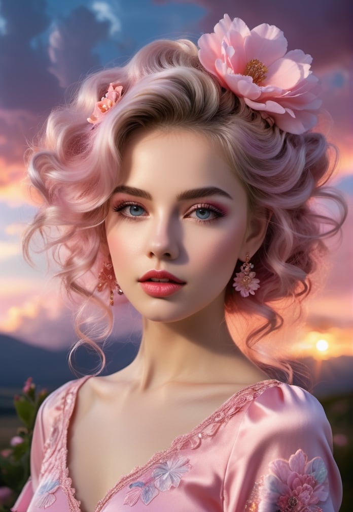 a woman in a pink dress with a flower in her hair, sunset and big clouds behind her, pink cloud hair, detailed art in color, glowing porcelain skin. light open eyes.
