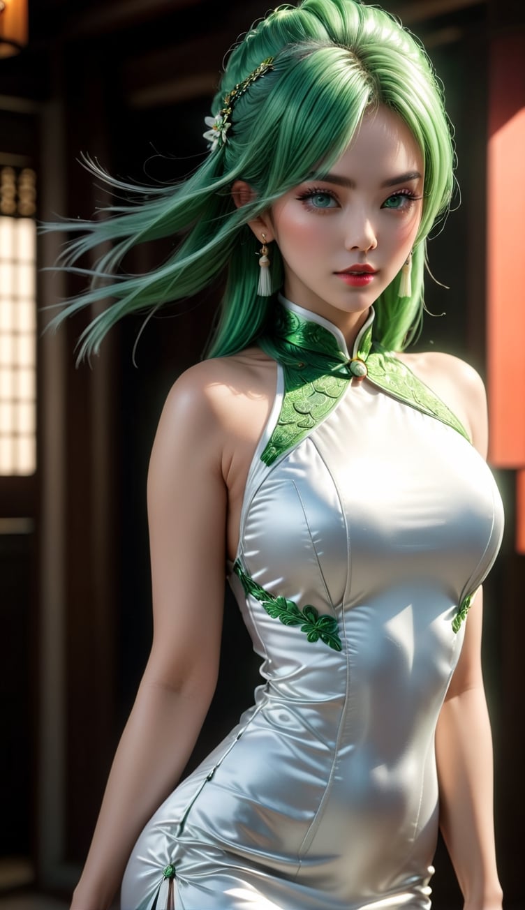 ((Best Quality)), ((Masterpiece)), (Details: 1.4), 3D, A Beautiful Female Figure, HDR (High Dynamic Range), Ancient Chinese Costumes, Satin Clothing, Feminine and Sexy, White Cheongsam, Green Hair Accessories, Tassel Earrings, Ray Tracing, NVIDIA RTX, Super-Resolution, Unreal 5, Subsurface Scattering, PBR Textures, Post Processing, Anisotropic Filtering, Depth of Field, Maximum Sharpness and Clarity, Multi-layer textures, albedo and specular mapping, surface shading, accurate simulation of light-material interactions, perfect proportions, Octane Render, two-color light, large aperture, low ISO, white balance, rule of thirds, 8K RAW, ultra-fine detail facial features, facial details, finger details