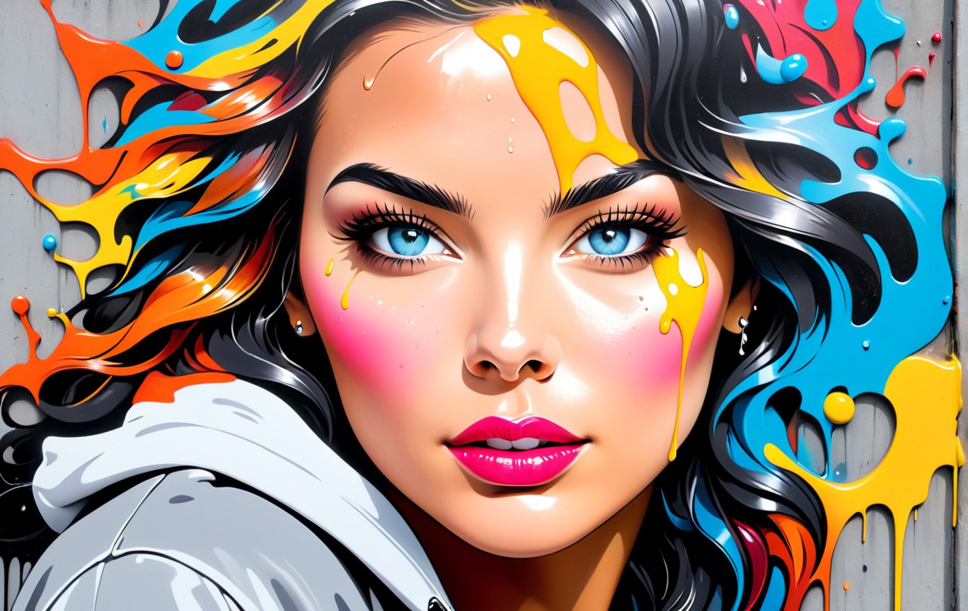 photorealistic graffiti style photo of (ohwx woman:1.1), urban, street art, lifelike, 3D depth, detailed, ironical, vibrant, fluid, expressive, delicate, colorful, professional, sleek, modern, dripping, splash