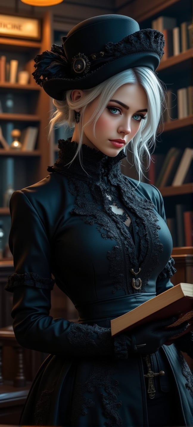 Design a scene where this woman, dressed in a corseted Steampunk-Victorian dress, is reading a book in a dimly lit library. Highlight the contrast between her Victorian-style clothing and the industrialized surroundings,Anime Style