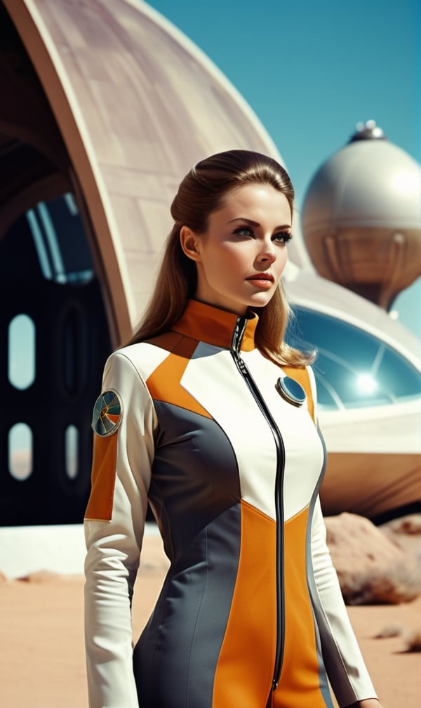  1970retrofuturism, female scientist at a futuristic research facility on an alien planet, tight sci-fi uniform
