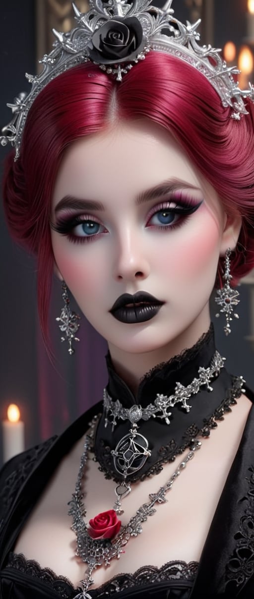 HighestQuali,tmasterpiece：1.2,Detailed details,1 Gothic girl,Black victorian dress,Gorgeous headdress,Bust,Rose flower,crosses,silver ornaments 、redheadwear、colorful hair with victorian updo hairstyle 、paleskin、Black lipstick and eye shadow,Accessories include the Cross Medal,Pentagram,crosses,cloaks,shawl,Sexy,chies,a lit candle, full body image, upper body detailed