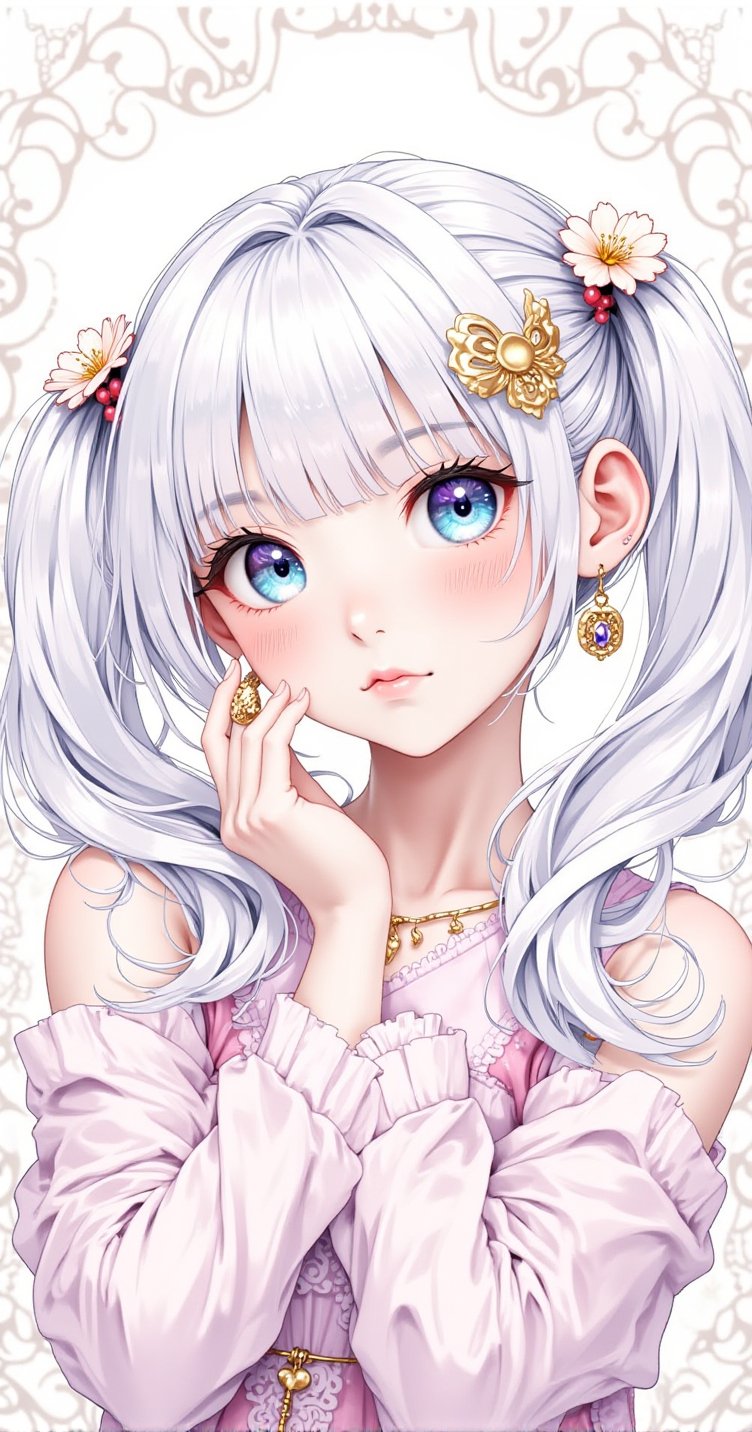 illustration, (anime coloring:1.1), (masterpiece:1.2), (best quality:1.2), newest, intricate details, ai-generated, 1girl, solo,camellya, white hair, twintails, hair ornament, blue eyes, jewelry, earrings, dress, navel cutout, flower, hair ring,Anime Style,Midjourney_Whisper