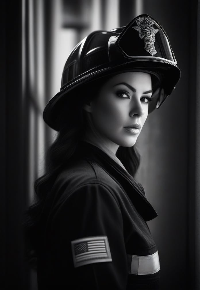 /imagine prompt: Subject: A fearless  woman firefighter Purpose: Portrait Mood: Curious Style: Black and white Background: Fire station Create striking and mysterious portraits in simple black and white compositions. Play with shadows and highlights to capture the essence of the subject. Use the ancient library as a minimalistic background to emphasize the raw emotions and the depth of knowledge of the wizard.