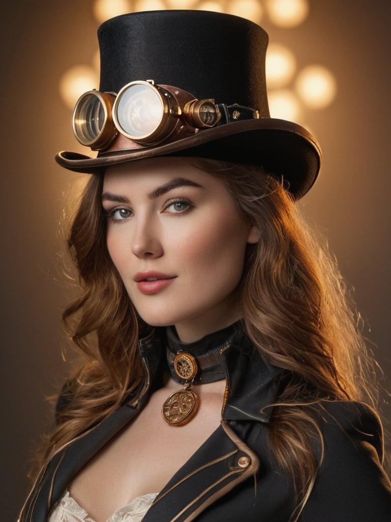 (((A stunning sexy woman in steampunk))) Under the warm glow of bulbs, she dons a top hat with the iconic Gucci stripe, an emblem of timeless luxury at the crossroads of worlds. Her gaze is as captivating as the golden age she evokes, framed by the soft curls and the gleam of brass goggles that whisper tales of airship adventures. With each button and stripe, she crafts a narrative of elegance, a blend of the high fashion runways and the industrial revolution. This is the portrait of a steampunk muse, a siren song to the romantics and the rebels, a blend of history, fantasy, and unapologetic sophistication. Step into the light, where the past is reimagined and every detail tells a story of daring dreams and defiant grace. ,Movie Still