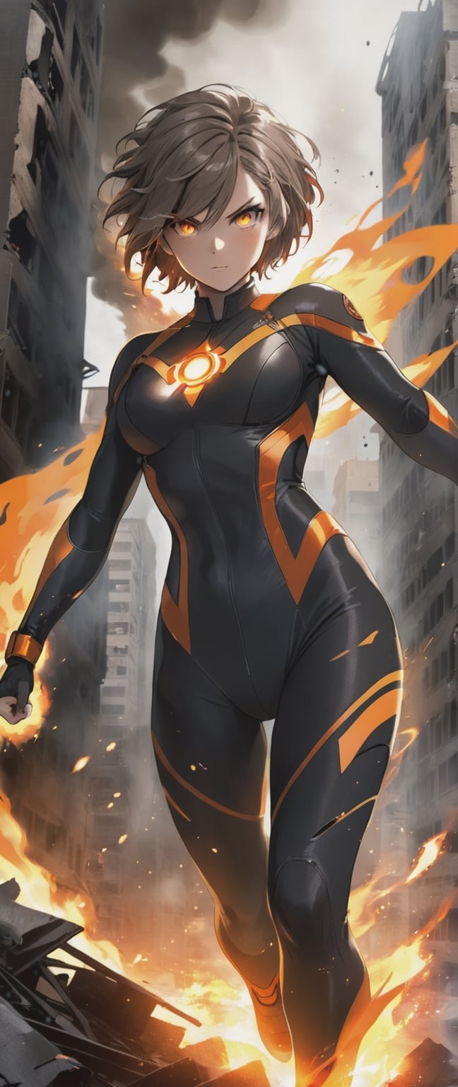 fighting , glowing eyes, short hair,torn tight supersuit, in a destroyed city, smoke and fire, glowing power aura, dynamic pose, dynamic view