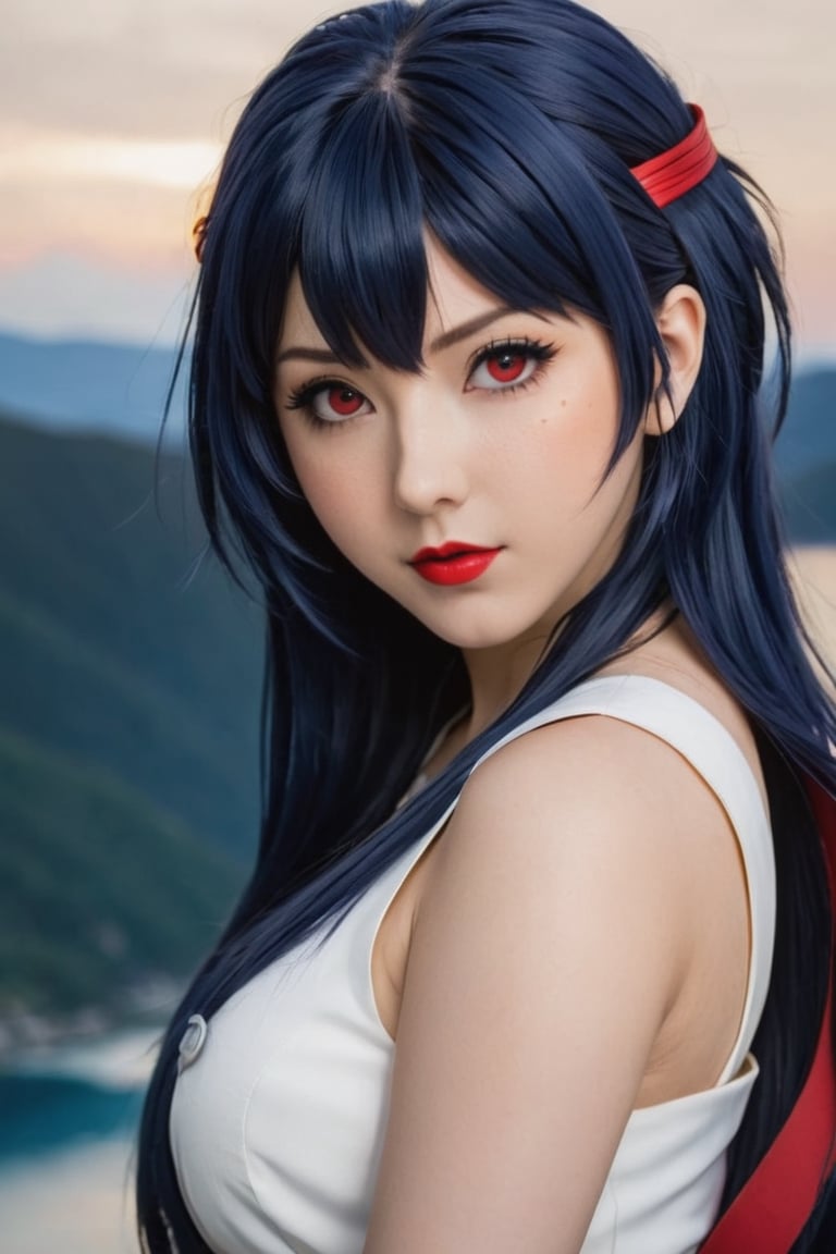 a close up of a person with long hair, hyuga hinata, hyuga hinata from naruto shippuden, from naruto shippuden, as an anime character, perfect anime face, she has dark blue hair with bangs, female anime character, anime character, anime best girl, hime cut hairstyle, dark blue hair, (red glossy lips:1.3), white eyes, byakugan eyes, smile, city background, (beautiful face:1.3)