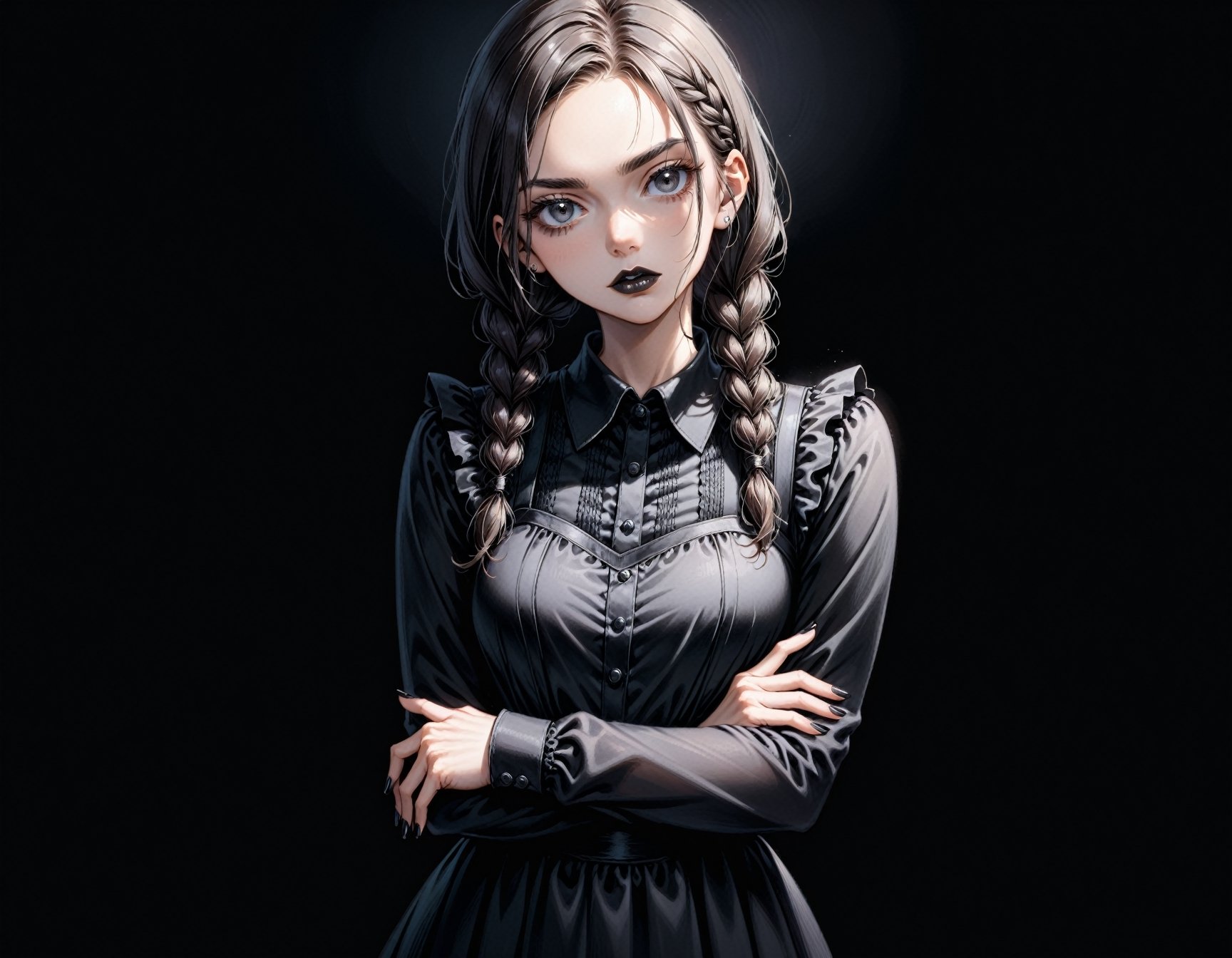 1girl, solo, black lips, black hair, dress, black dress, black nails, black eyes, crossed arms, black background, braid, black theme, looking at viewer, simple background, long sleeves, twin braids, bangs, long hair, dark-skinned female, collared dress, cowboy shot, dark skin, nail polish, Wednesday addams \(character \), character \(theme\)