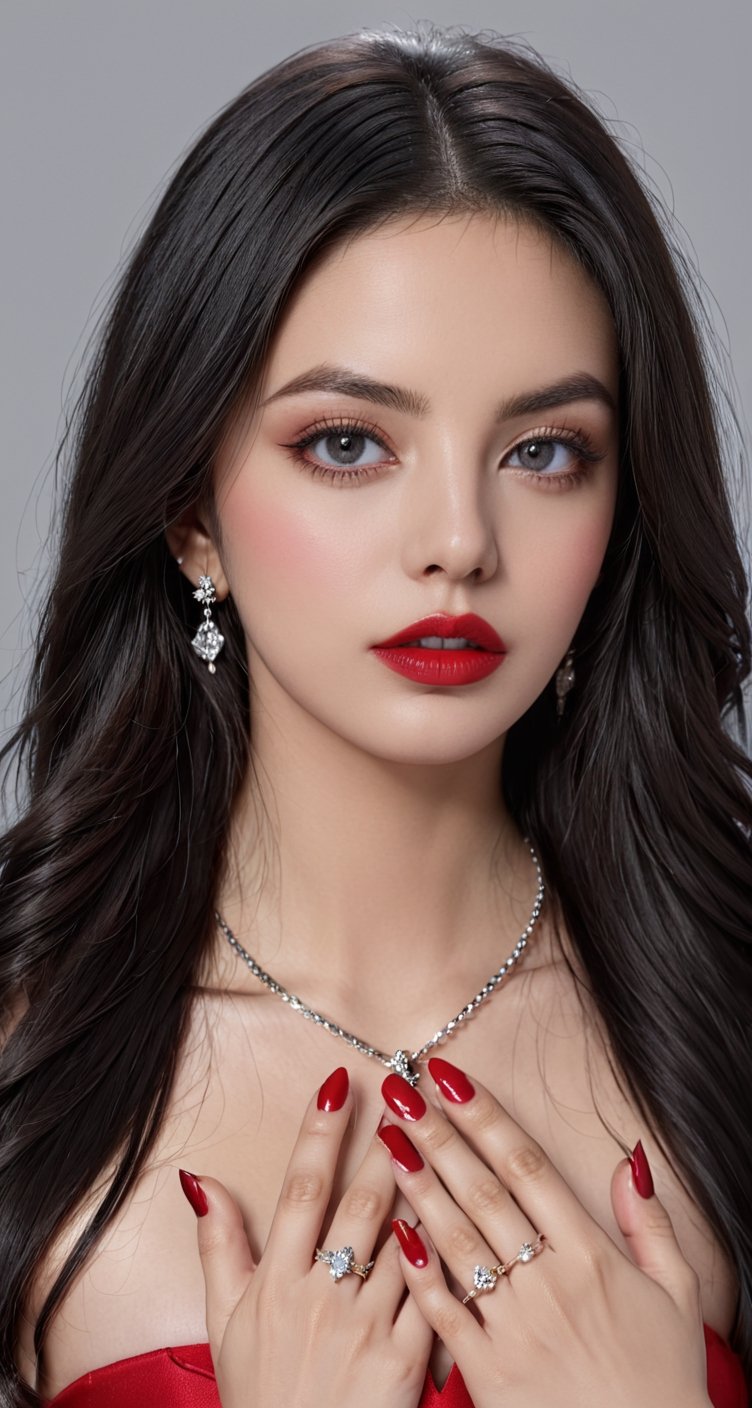 1girl, solo, long hair, looking at viewer, black hair, jewelry, upper body, parted lips, grey background, necklace, nail polish, mole, black eyes, lips, mole under eye, makeup, lipstick, red nails, realistic, red lips