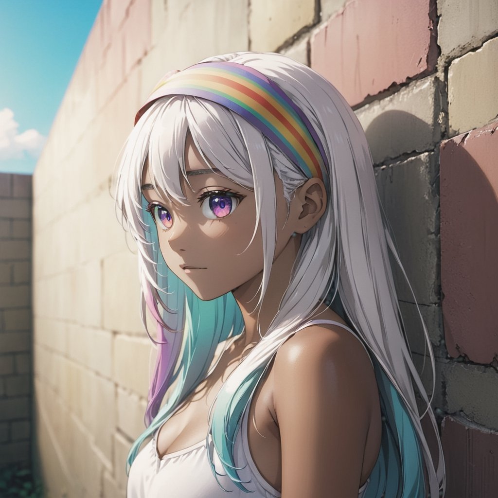 Girl with long wavy white hair, rainbow
eyes, brown skin, rainbow headband
on head, looking at a wall, anime-style
emotive
landscapes, shot with Fujicolor C200
film colors 35mm, Award-
winning professional shot,MikieHara