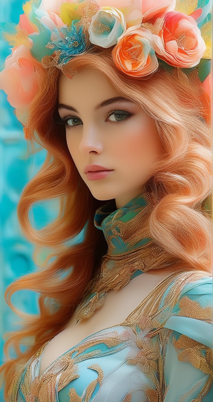 The Renaissance, close up shot of Italian classical girl, solo breast manga style, in flowy ethereal warrior garment, Kelly Sue Deconnick-inspired by Brandon Mably combined with Fashion photography, pastel palette, soft blue background 