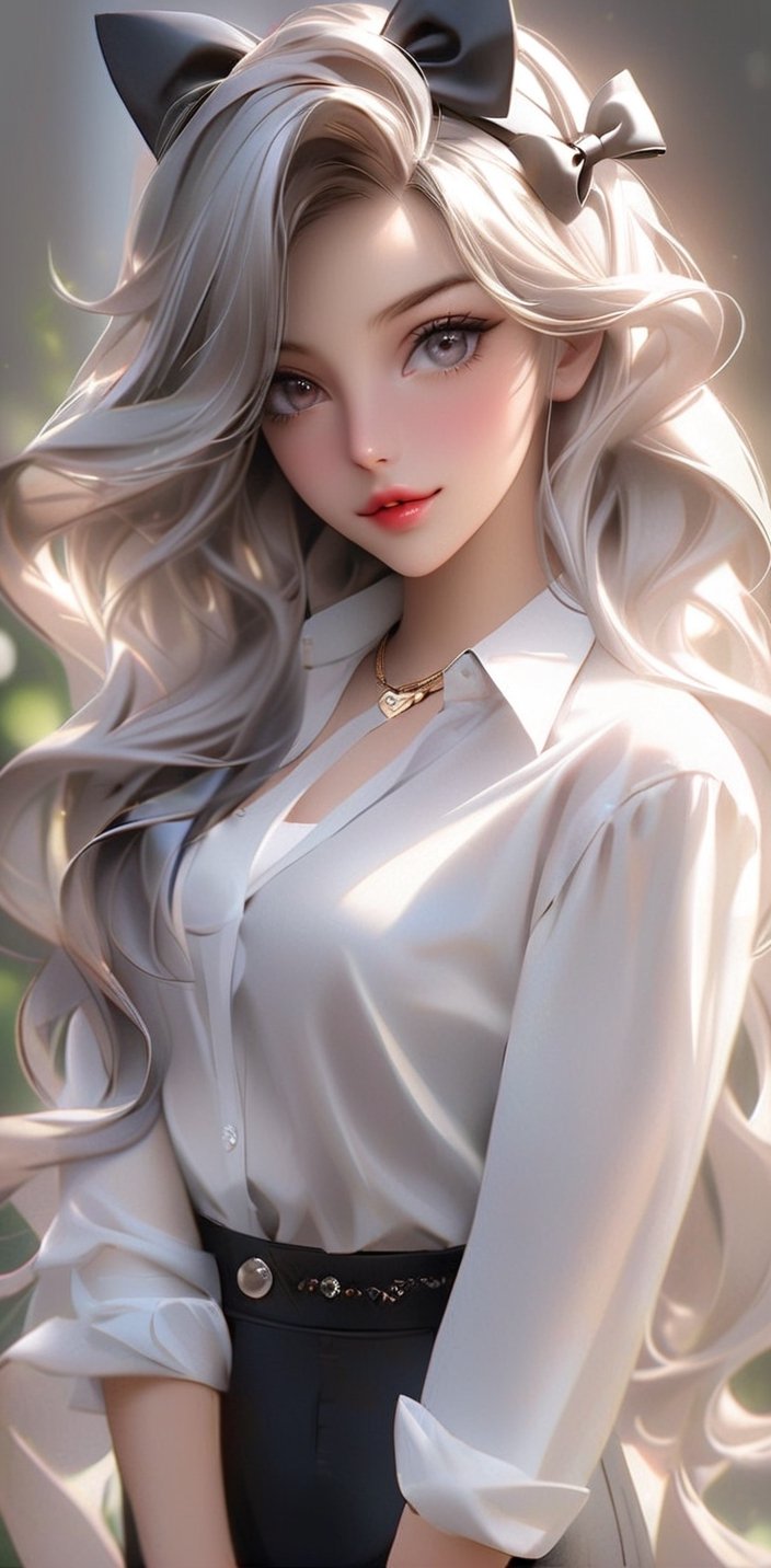 1girl, solo, long hair, looking at viewer, shirt, bow, jewelry, white shirt, (((upper full body))), whitelile hair, hair bow, lips, grey eyes, wavy lile hair, realistic