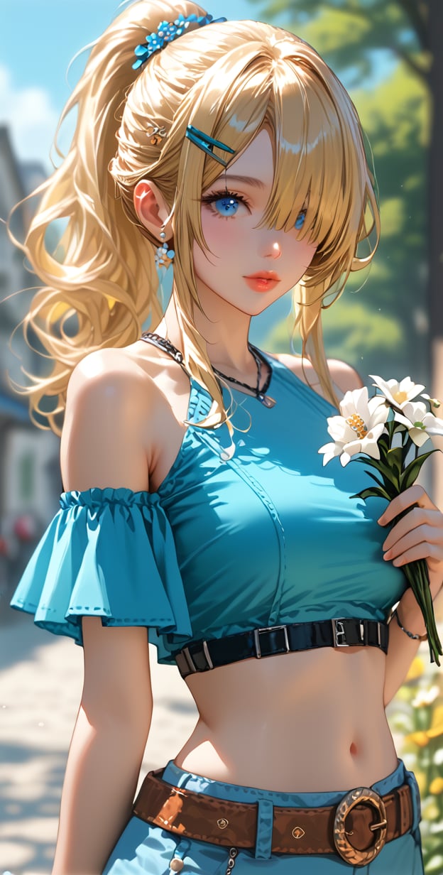 1girl, solo, (((breasts, blue eyes, blonde hair, hair ornament, navel, holding, bare shoulders, ponytail, flower, outdoors, hairclip, midriff, belt, hair over one eye, blurry, lips, crop top, blurry background, holding flower)))