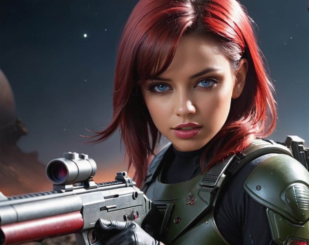 head shot, war girl, gun, blood smear, bullet, alien planet, science fiction, hyperrealistic, 18+, high resolution, nighttime shot, epic