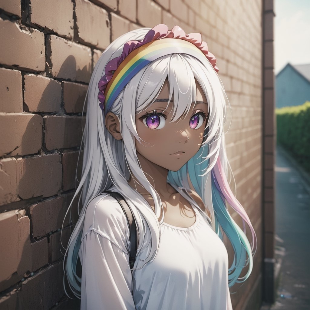 Girl with long wavy white hair, rainbow
eyes, brown skin, rainbow headband
on head, looking at a wall, anime-style
emotive
landscapes, shot with Fujicolor C200
film colors 35mm, Award-
winning professional shot,MikieHara