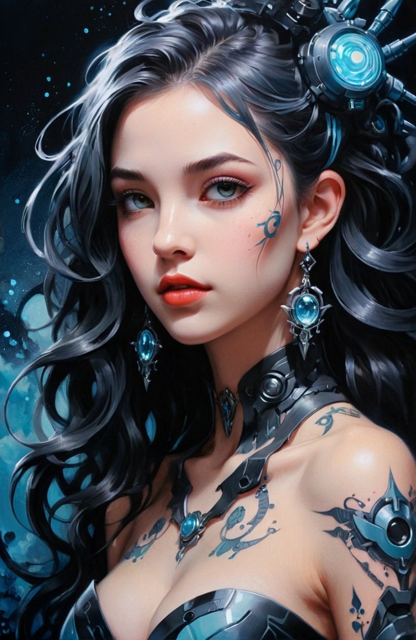 Airbrush Oil painting, anime style, dark myth, mysterious futuristic mecha girl, tattoo, Pastel colors, gouache, Art by Tim Burton, James Jean, Craola, RossDraws. closeup, off shoulders, rim lighting, fantasy complex background, dark theme, 2d fantasy poster, oil painting masterpiece, ember particles, vine
