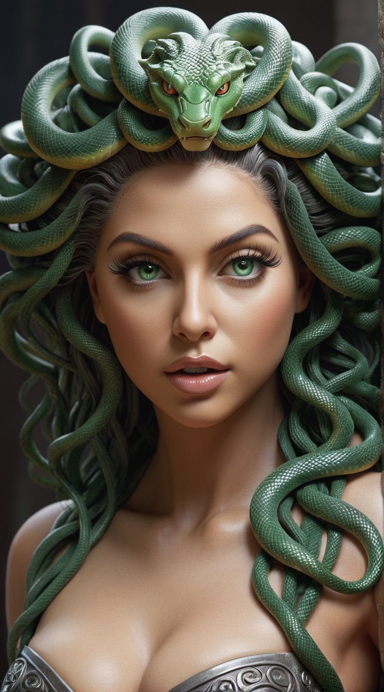 ((best quality)), ((masterpiece)), ((realistic)), Medusa, full body, the hair is made up of countless small snakes, green eyes, female face, metal carved top, real aura, trend on artstation, sharp focus, studio photo, intricate detail, very detailed, detailed eye, illustration, very detailed, sharp focus, digital rendering, professional, 4k,detailmaster2