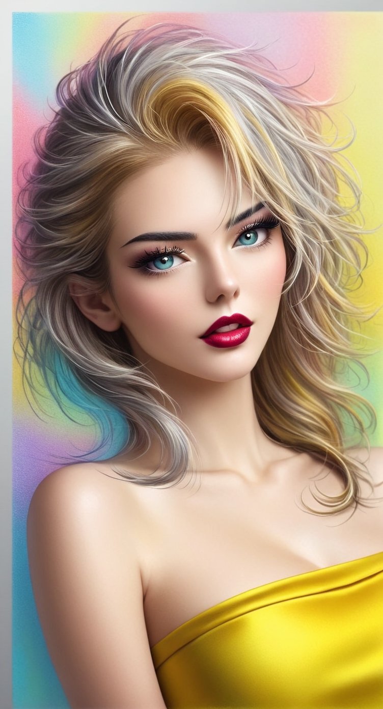 girl sexy, with silver short hair, messy hair, red lipstic, full lips, alluring, portrait by Charles Miano, pastel drawing, illustrative art, soft lighting, detailed, more Flowing rhythm, elegant, low contrast, add soft blur with thin line, yellow clothes
