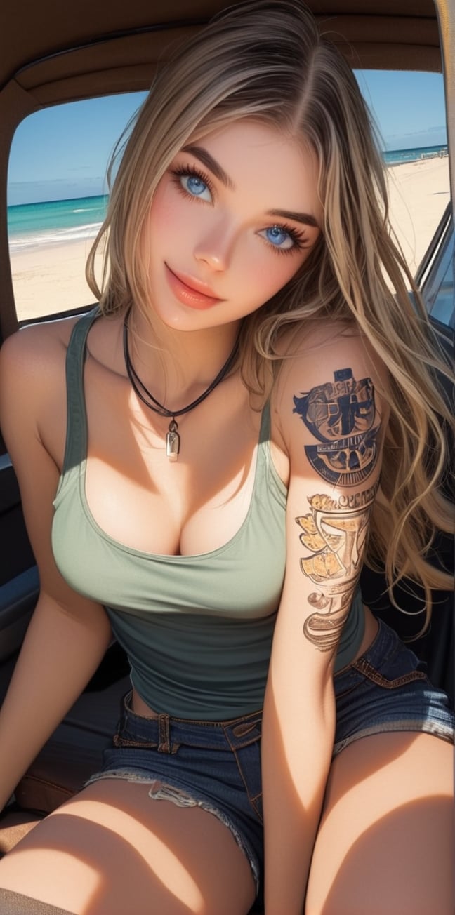 1girl, solo, long hair, breasts, looking at viewer, smile, blue eyes, blonde hair, shirt, cleavage, bare shoulders, jewelry, medium breasts, sitting, closed mouth, green eyes, collarbone, thighs, parted lips, shorts, sleeveless, necklace, lips, bare arms, short shorts, eyelashes, tattoo, shadow, tank top, denim, ground vehicle, motor vehicle, denim shorts, legs together, car, arm tattoo, shoulder tattoo, cutoffs, hands on own knees, hands on own thighs,dal-1