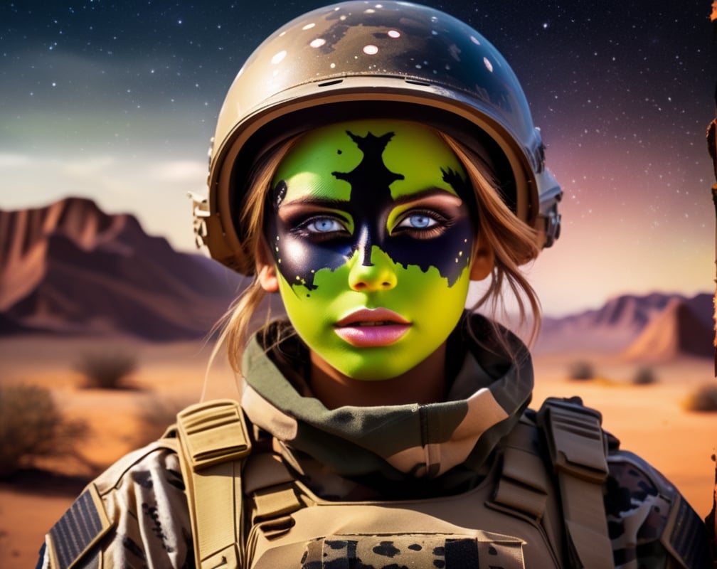 Junior officer, girl army soldier scouting alone (headshot bullet hole midnight Camo Face Paint) though a alien planet looking for targets of opportunity. High resolution, nighttime shot, epic pic