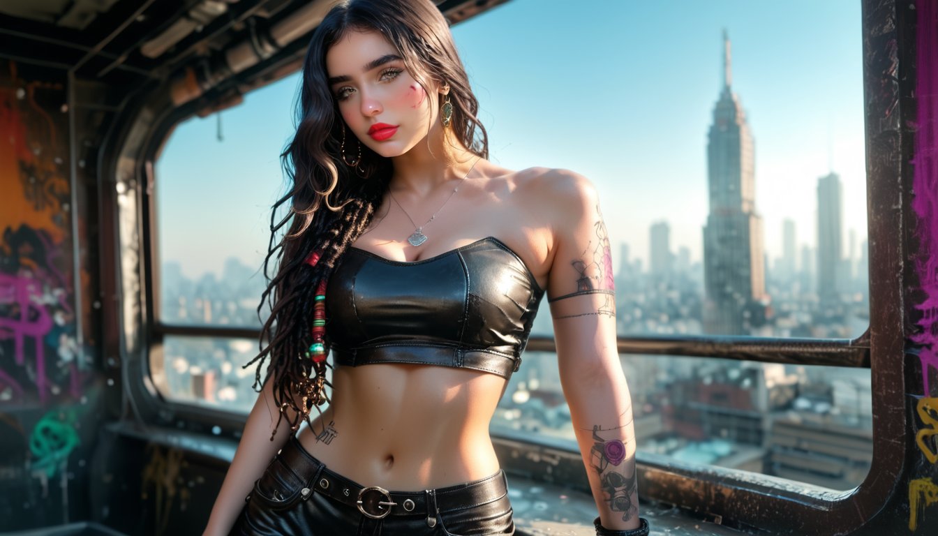 Cinematic still of a post-apocalyptic scavenger with bioluminescent tattoos and dreadlocks adorned with metallic beads, wearing a patchwork of leather and tech armor. She stands atop a ruined skyscraper, surveying a city overrun by nature and neon graffiti. Warm tones and soft lighting, shot with Canon EOS-5D Mark III, high resolution, hyper-realistic